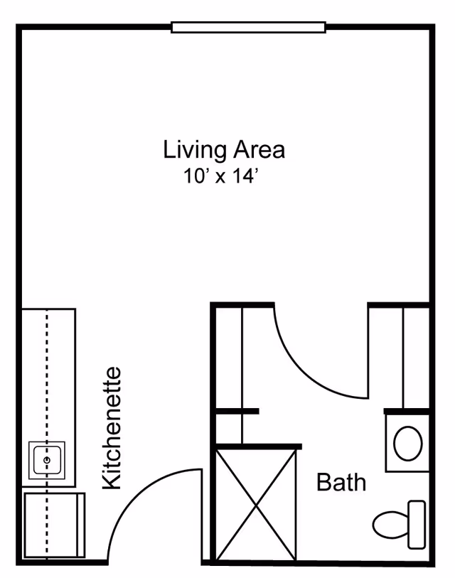 Floor plan of a small living space showing a living area measuring 10 feet by 14 feet, a kitchenette with a sink and counter, and a bathroom with a toilet and sink.