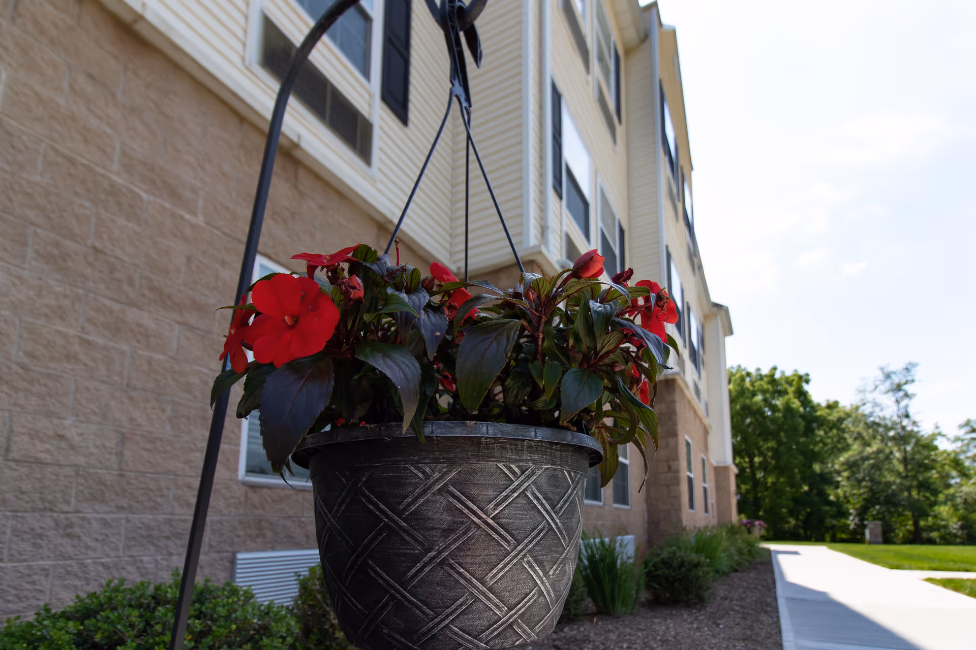 Close-up of a hanging flower pot with red flowers in front of a multi-story building with beige siding and stone facade, a sidewalk, and greenery under a partly cloudy sky.