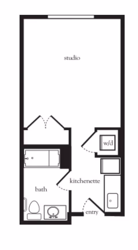 Floor plan of a studio apartment featuring a main studio living area, a kitchenette near the entry, a bathroom with a bathtub, toilet, and sink, and a washer/dryer unit adjacent to the kitchenette.