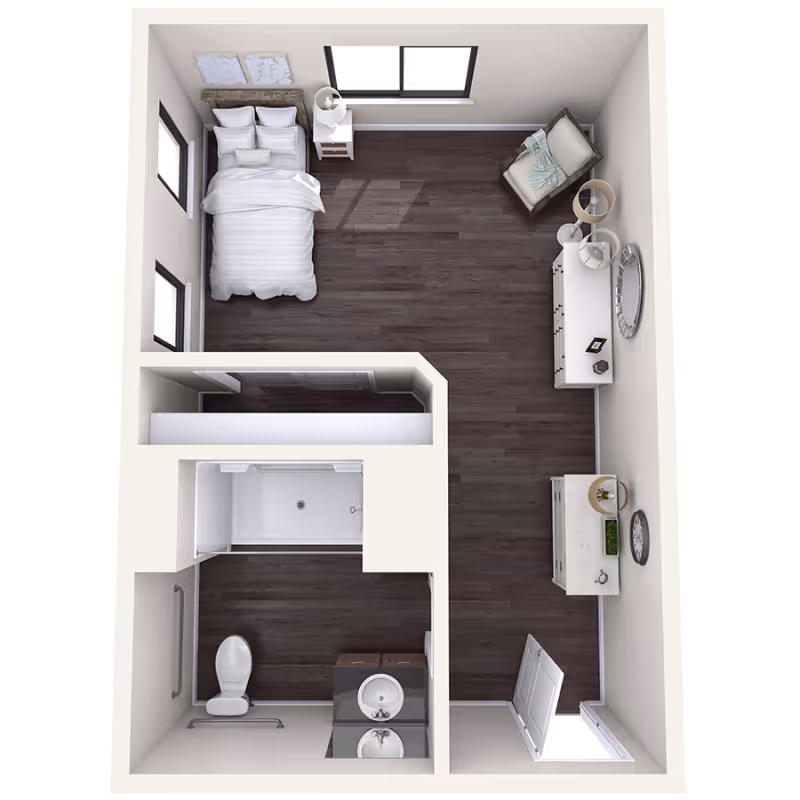 Top-down 3D floor plan of a studio apartment showing a bed, seating area, dresser, entryway and a bathroom with shower and toilet.