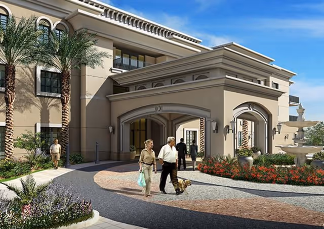 Volante of Las Vegas exterior with palm trees, people near entrance, and landscaped path.