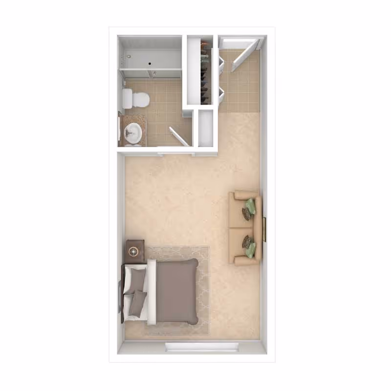 Top-down floor plan of a small studio apartment featuring a bed with pillows and a nightstand, a sofa with cushions, a bathroom with a toilet, sink, and shower, and a closet area near the entrance.