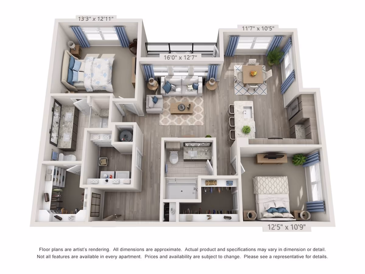 3D floor plan of an apartment showing two bedrooms, two bathrooms, a living room, a kitchen with a dining area, and closets. The dimensions of each room are labeled, and the layout includes furniture such as beds, sofas, dining table, and kitchen appliances.