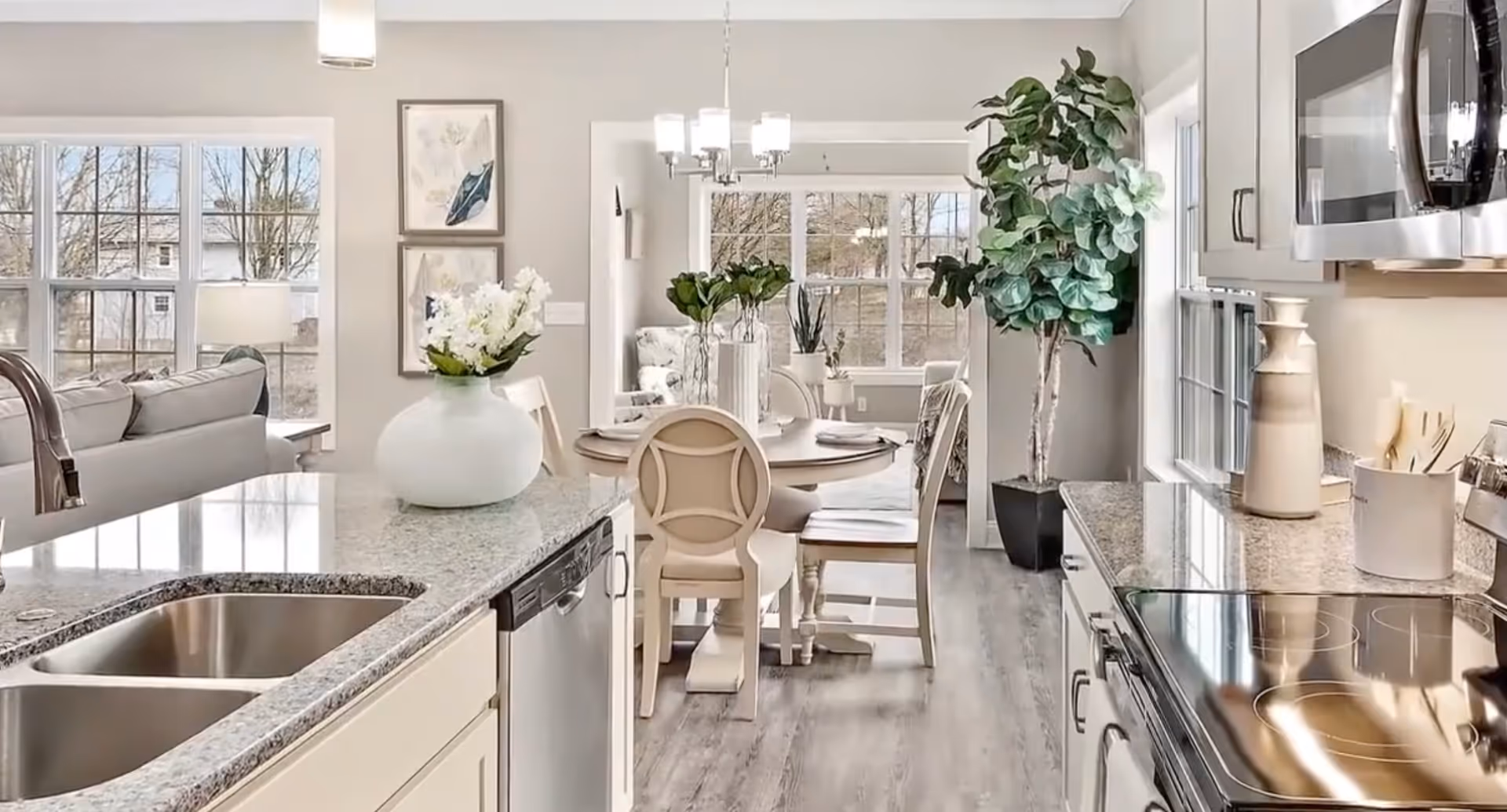 Bright and modern kitchen and dining area with granite countertops, stainless steel appliances, a round dining table with chairs, decorative plants, and large windows letting in natural light.