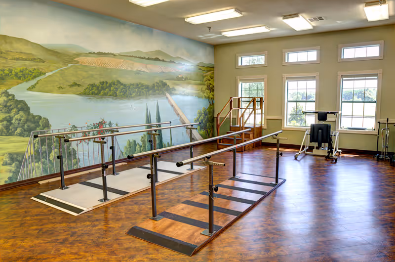 A spacious rehabilitation room with wooden flooring, parallel bars for walking exercises, and exercise equipment near large windows. The walls feature a mural of a scenic river and countryside landscape.