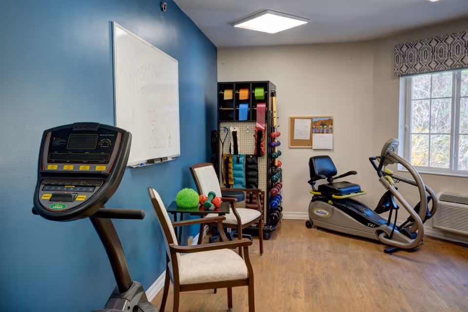 A small exercise room with a stationary bike, a NuStep recumbent cross trainer, two chairs with a small table between them holding light dumbbells and a green exercise ball, a rack with various exercise bands and weights, a whiteboard on a blue wall, and a window with a patterned valance letting in natural light.