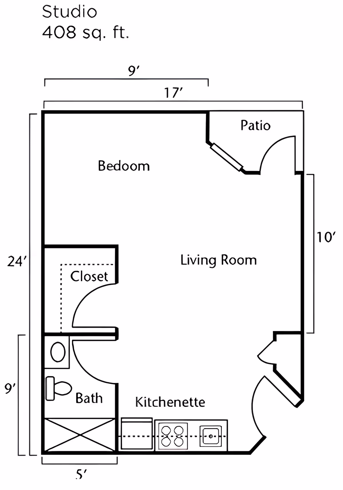 Floor plan of a studio apartment measuring 408 square feet, featuring a bedroom area, living room, kitchenette, bathroom, closet, and a patio. Dimensions are marked for various sections.