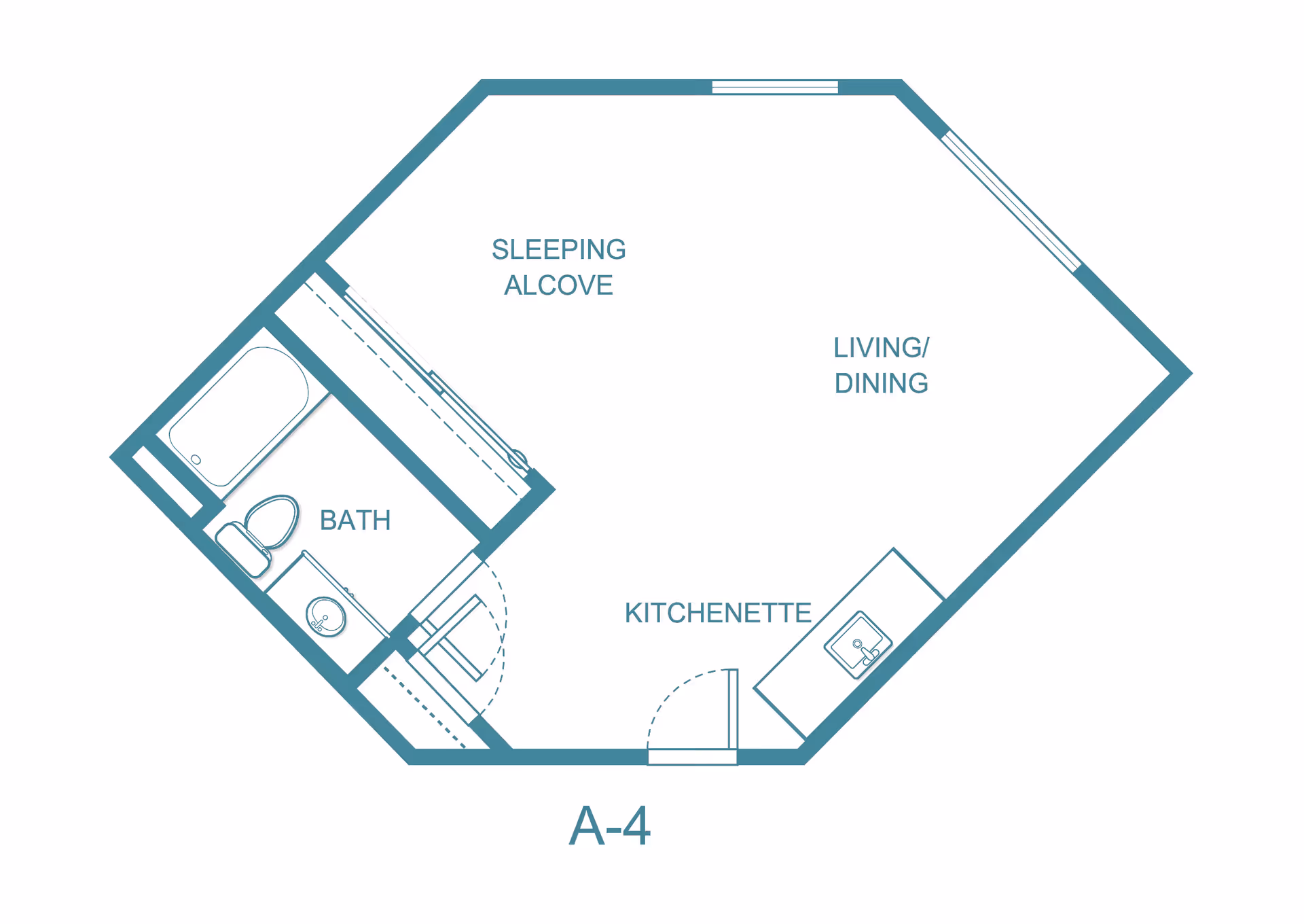 Architectural floor plan of a small living space labeled A-4, showing a sleeping alcove, bath with bathtub, toilet, and sink, kitchenette with a sink, and a combined living/dining area.