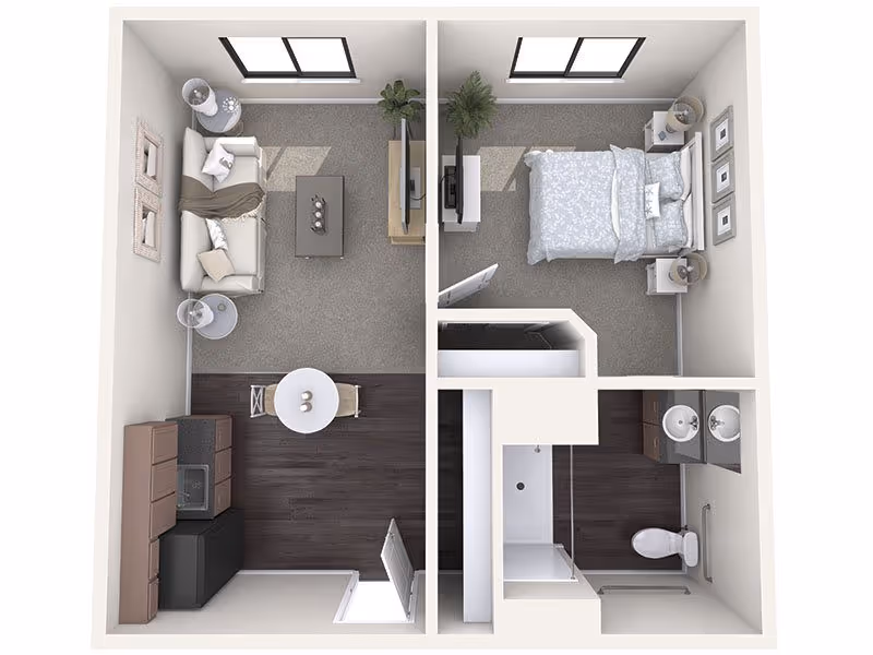 Top-down view of a one-bedroom apartment floor plan featuring a living room with a sofa, coffee table, side tables, and TV, a bedroom with a bed, nightstands, and a TV, a kitchen area with cabinets, a sink, and a small dining table with two chairs, and a bathroom with a shower, toilet, and double sink vanity.