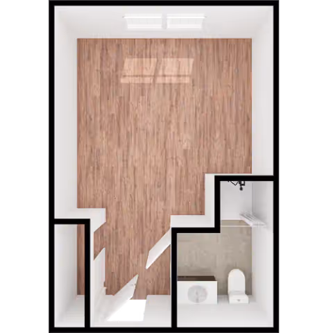 Top-down view of a small apartment or room layout with wooden flooring in the main area and a separate bathroom featuring a toilet and sink with tiled flooring.