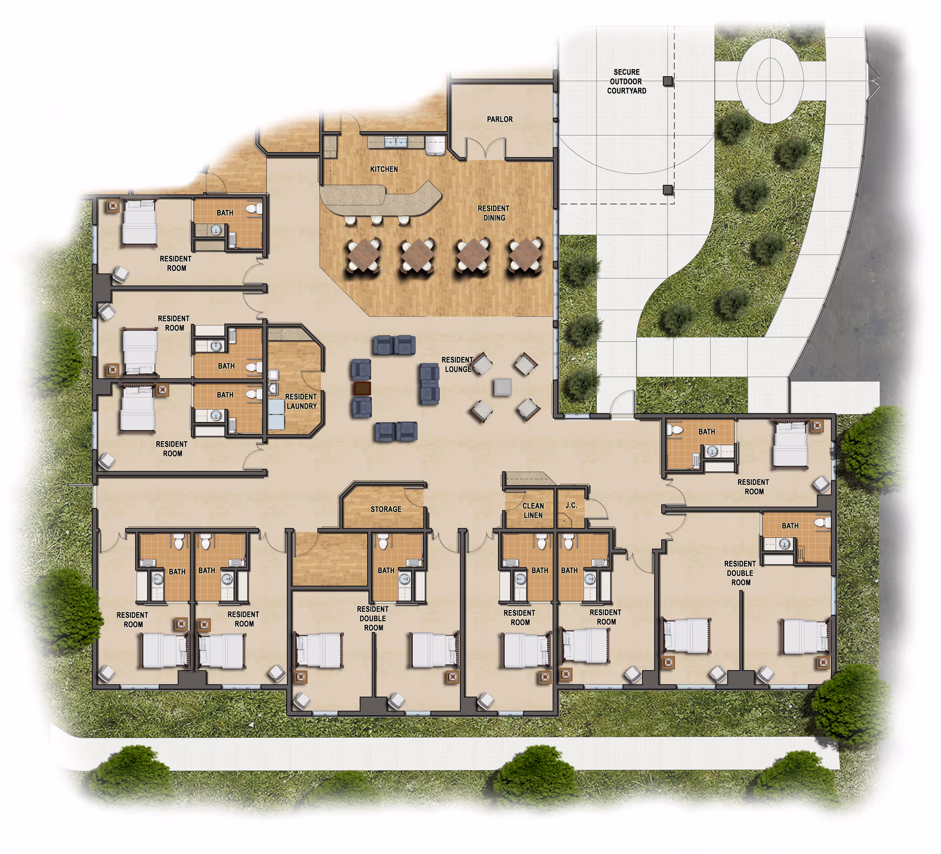 Architectural floor plan of Heather Court at Nottingham Village showing multiple resident rooms, bathrooms, resident lounge, dining area, kitchen, laundry, storage, clean linen, and a secure outdoor courtyard with surrounding greenery.