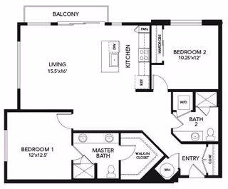 Black-and-white floor plan of a two-bedroom, two-bath apartment showing living room, kitchen with island, balcony, entry, and closets.