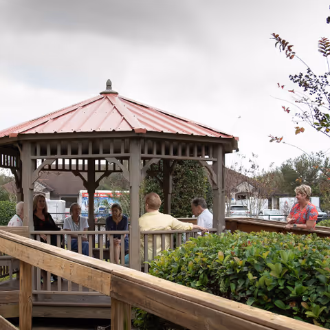 A group of elderly people sitting and chatting inside a wooden gazebo with a red metal roof, surrounded by greenery and a wooden railing. One woman stands outside the gazebo, engaging with the group. The sky is overcast.