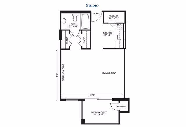 Floor plan of a studio apartment at The Court at Palm Aire showing a foyer, kitchen, bath, two closets, living/dining area, sleeping alcove, patio/balcony, and two storage areas with dimensions.