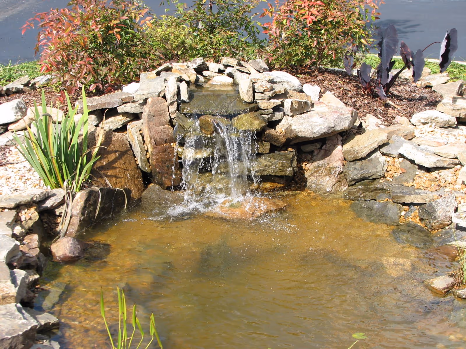 A small outdoor water feature with a stone waterfall flowing into a shallow pond surrounded by rocks and plants.