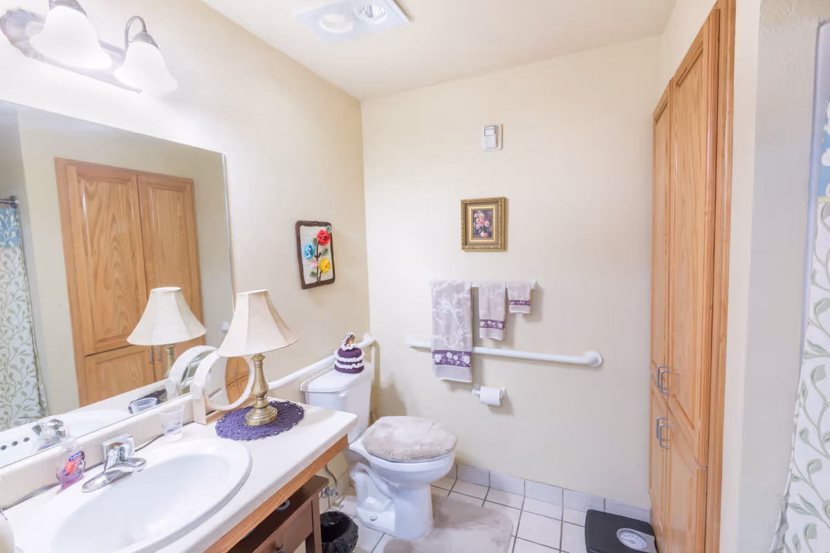 Well-lit accessible bathroom with a sink and mirror, toilet with cushioned seat and grab bar, wooden cabinets and decorative towels.