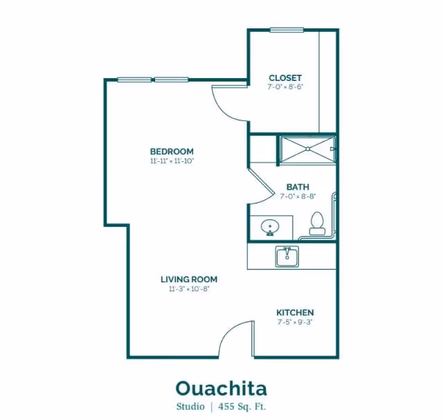 Floor plan of a studio apartment named Ouachita with 455 square feet, showing a bedroom, living room, kitchen, bath, and closet with dimensions.