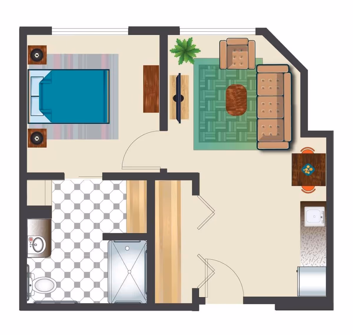Top-down floor plan illustration of a one-bedroom unit showing a bedroom, bathroom, living room, kitchen, and closets.