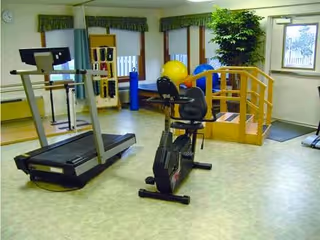 Indoor exercise room with a treadmill, stationary bike, exercise balls, and a wooden handrail staircase. The room has windows with green valances and a potted plant near the window.