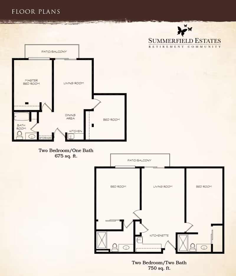 Two schematic floor plans for Summerfield Estates showing layouts for a two-bedroom/one-bath (675 sq. ft.) and a two-bedroom/two-bath (750 sq. ft.) apartment.