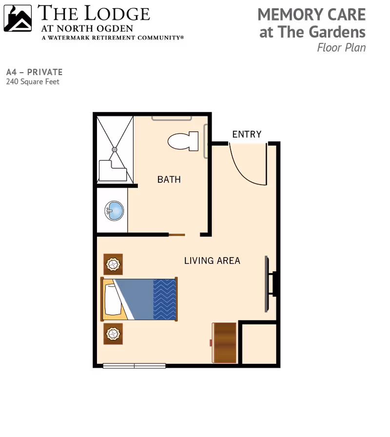 Floor plan of a private memory care unit labeled A4 with 240 square feet. The layout includes a bath with a shower, toilet, and sink, and a living area with a bed, two nightstands, and a dresser. The entrance door opens into the living area.