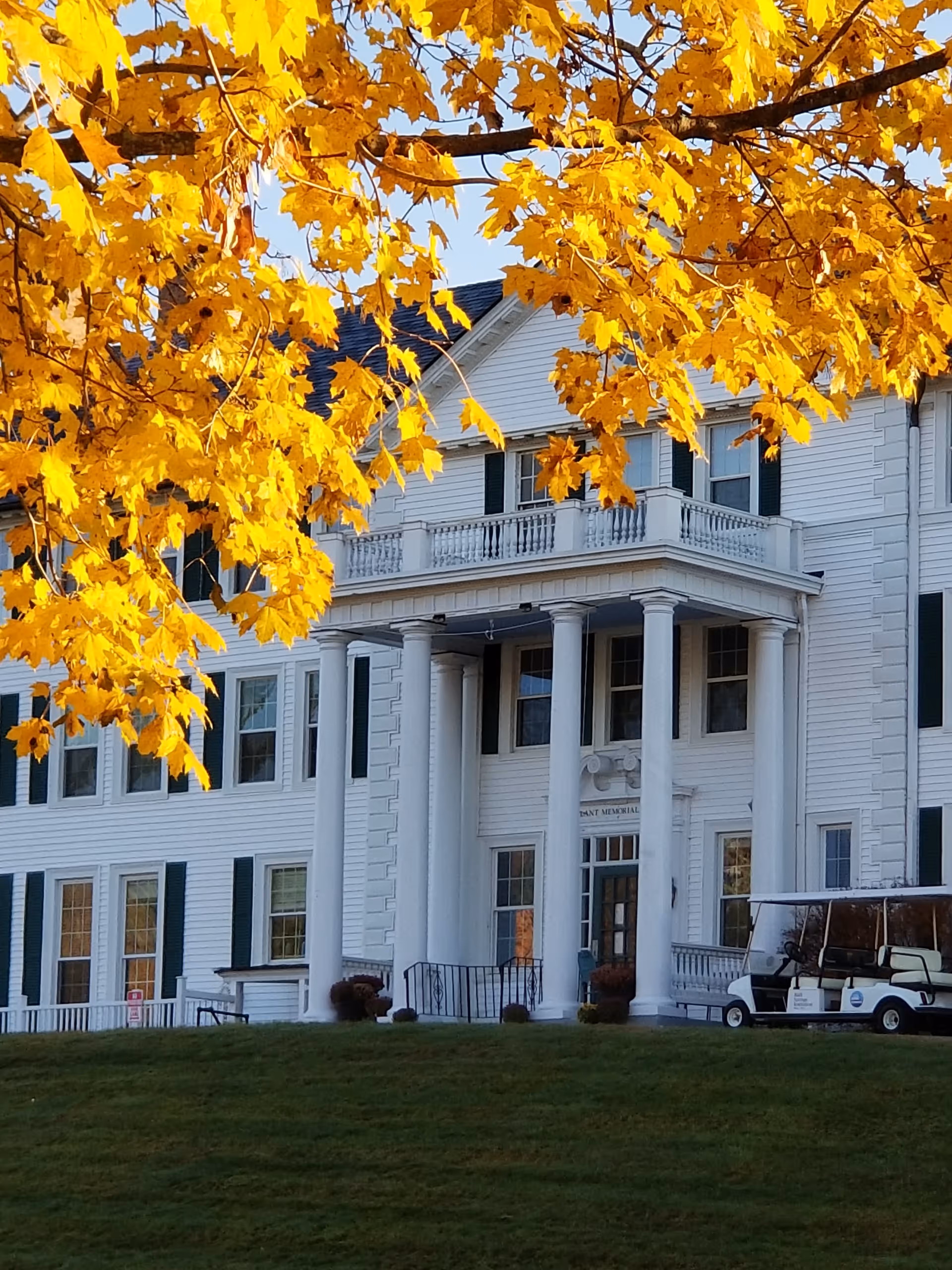 White colonial-style building with tall columns and a porch framed by bright yellow autumn leaves.
