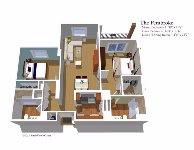 3D floor plan of The Pembroke apartment showing a master bedroom, guest bedroom, living and dining room, kitchen, and bathrooms. The layout includes furniture such as beds, sofas, dining table, and kitchen appliances. Dimensions for each room are provided in the top right corner.