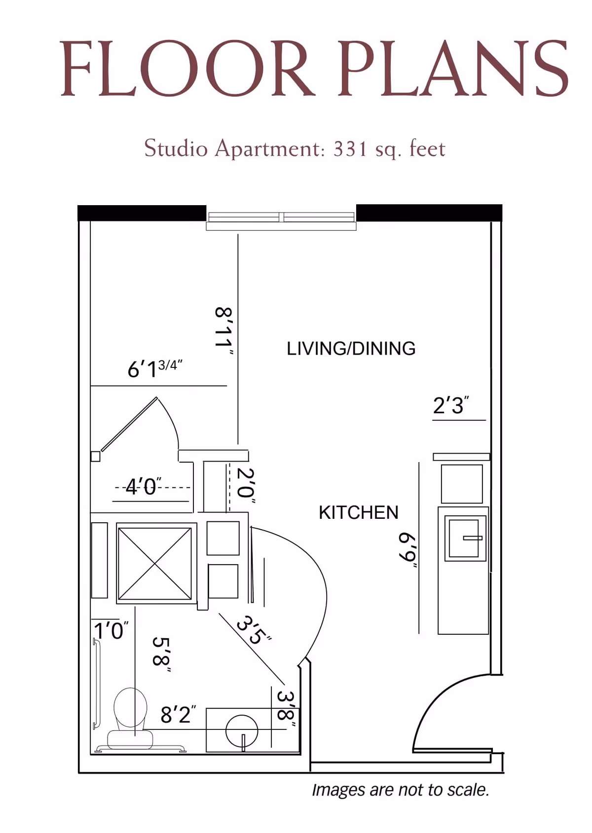 Floor plan of a studio apartment measuring 331 square feet, showing a living/dining area, kitchen, bathroom with toilet and sink, and closet space. Dimensions of each area and door swings are indicated.