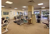 Well-lit indoor fitness room with treadmills, exercise machines, chairs, and large windows overlooking greenery.