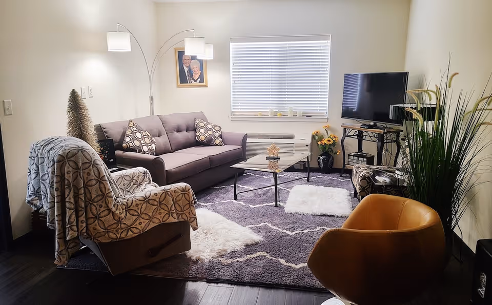 A cozy living room with a gray sofa, a patterned armchair covered with a blanket, a modern brown chair, a glass coffee table on a purple and white patterned rug, a flat-screen TV on a stand, and a window with blinds. The room is decorated with plants, a floor lamp, and a framed photo on the wall.