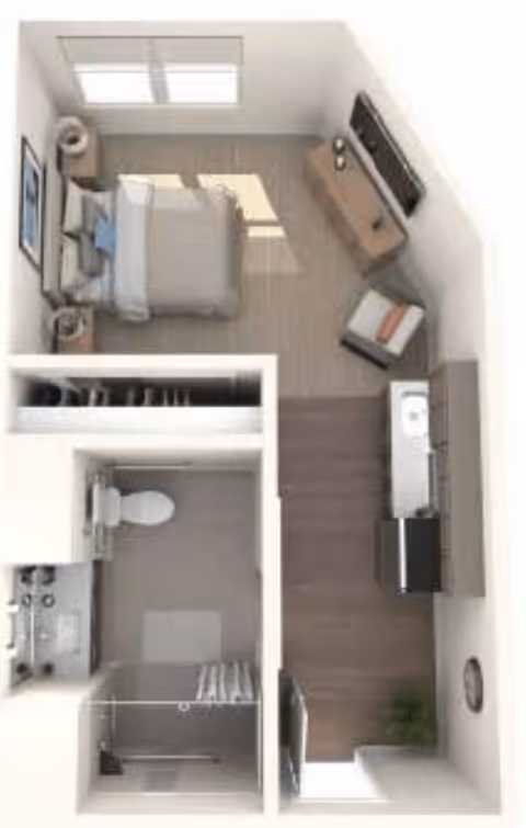 Top-down view of a small apartment layout featuring a bedroom with a bed, nightstands, and a chair, a living area with a TV and console, a kitchenette with appliances and cabinets, and a bathroom with a toilet and shower.