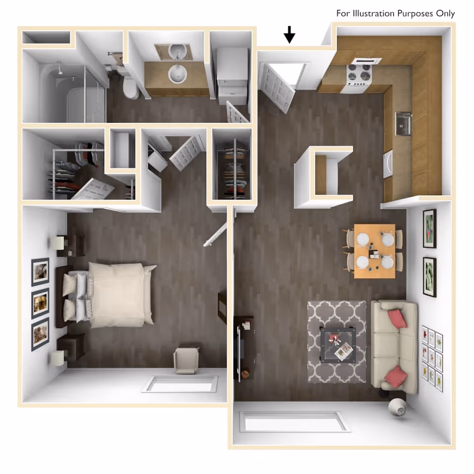 3D floor plan of a one-bedroom apartment showing a bedroom with a bed, nightstands, and a chair; a bathroom with a shower, toilet, and sink; two closets; a kitchen with appliances and countertops; a dining area with a table set for four; and a living room with a sofa, coffee table, TV, and decorative wall art.