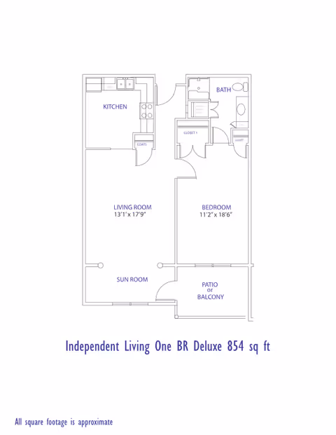 Floor plan of an independent living one-bedroom deluxe apartment with 854 square feet, showing a kitchen, living room, sun room, bedroom, bathroom, closets, and a patio or balcony.