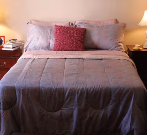 A neatly made bed with purple quilt, pillows, and matching nightstands in a bedroom.