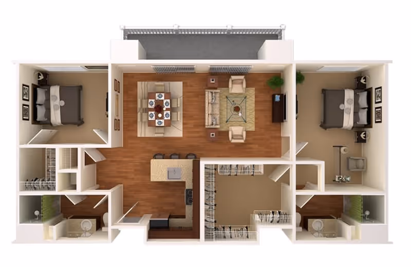 3D floor plan of an apartment with two bedrooms, two bathrooms, a kitchen with an island and three bar stools, a dining area with a table and six chairs, and a living room with a sofa, two armchairs, a coffee table, and a TV. There is also a balcony accessible from the living room.