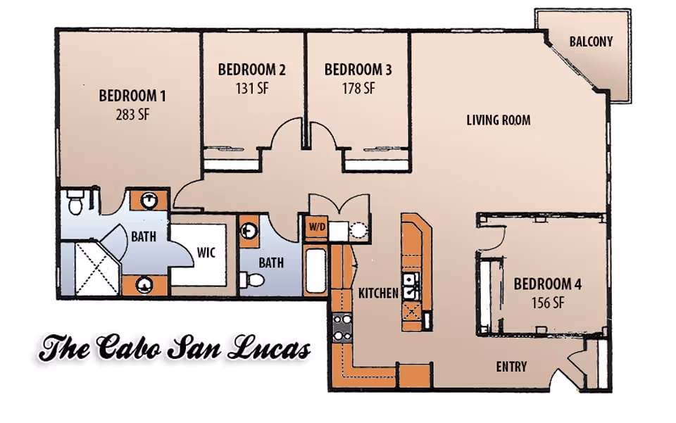 Floor plan of an apartment named The Cabo San Lucas showing four bedrooms, two bathrooms, a kitchen, living room, entry, walk-in closet, washer/dryer area, and a balcony.