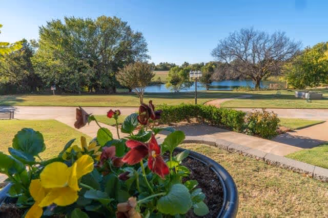 View of a landscaped outdoor area with a flower pot containing yellow and red flowers in the foreground, a paved walkway, green grass, trees, and a pond in the background under a clear blue sky.