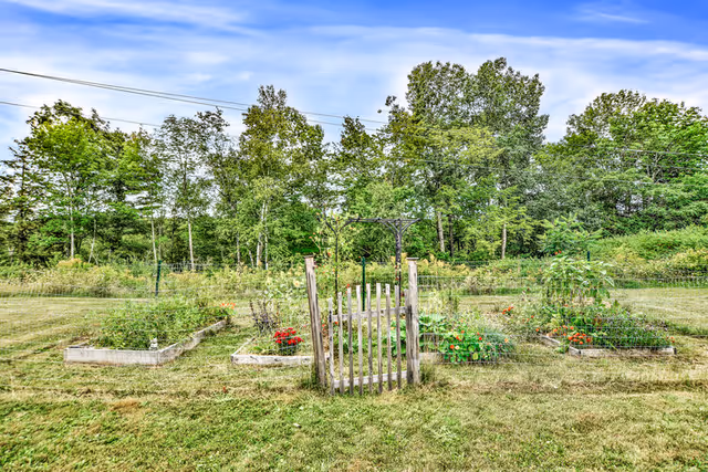 A small fenced garden with a wooden gate in the center, containing several raised garden beds with various plants and flowers. Behind the garden is a line of tall green trees under a partly cloudy blue sky.