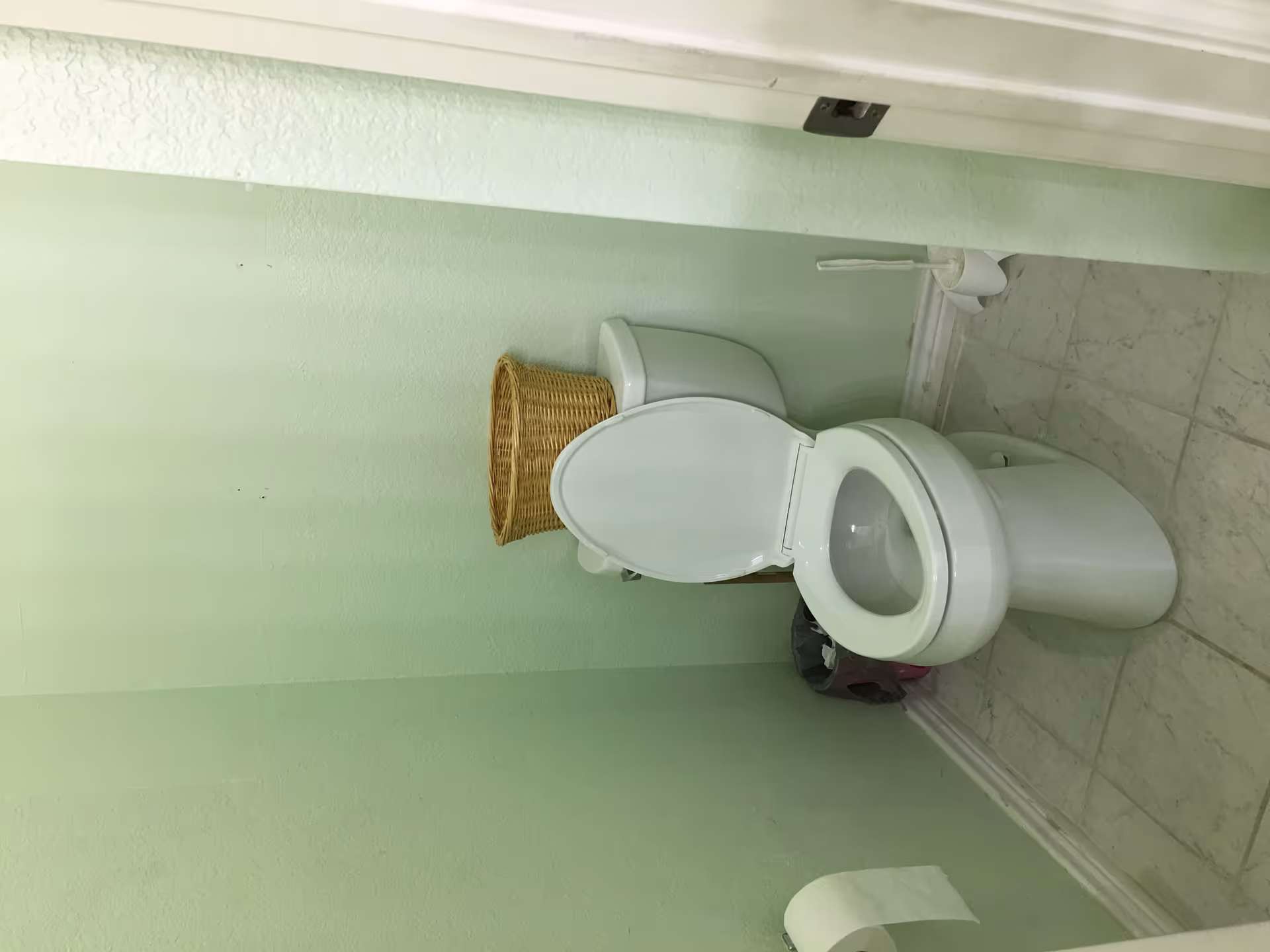 A small bathroom with light green walls and a white toilet with the lid open. There is a wicker basket placed on top of the toilet tank, a toilet brush in a holder on the floor to the right, and a trash can with a liner to the left. A roll of toilet paper is mounted on the left wall.