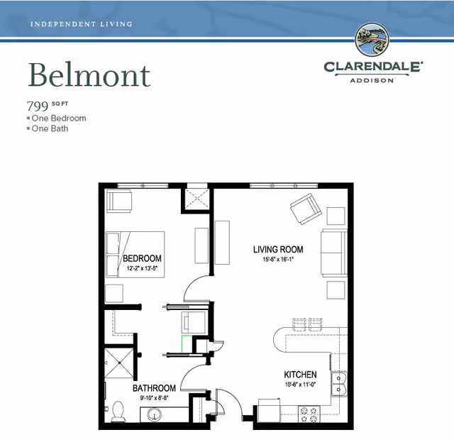 Floor plan of Belmont apartment at Clarendale of Addison showing one bedroom, one bathroom, living room, and kitchen with dimensions.