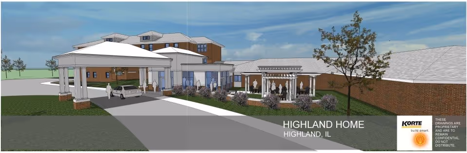 Architectural rendering of the front exterior of The Highland Home facility in Highland, IL, showing a covered entrance with columns, a driveway with a car, landscaped areas with shrubs and trees, and a multi-story building in the background under a blue sky.