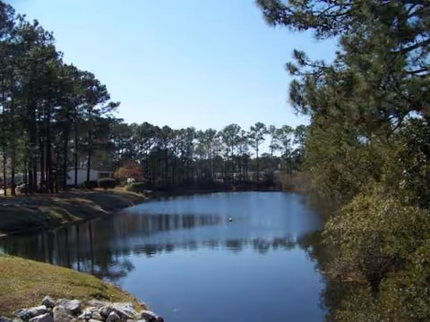 Tranquil lake surrounded by tall trees with a building visible in the distance.