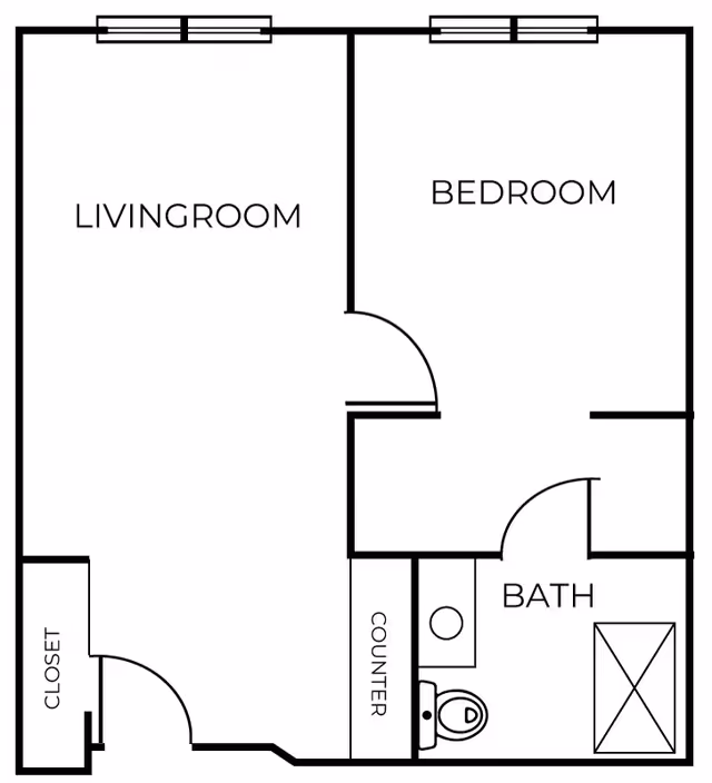 Black and white floor plan of a one-bedroom apartment showing a living room, bedroom, bathroom with a shower, toilet, and sink, a closet, and a counter area.