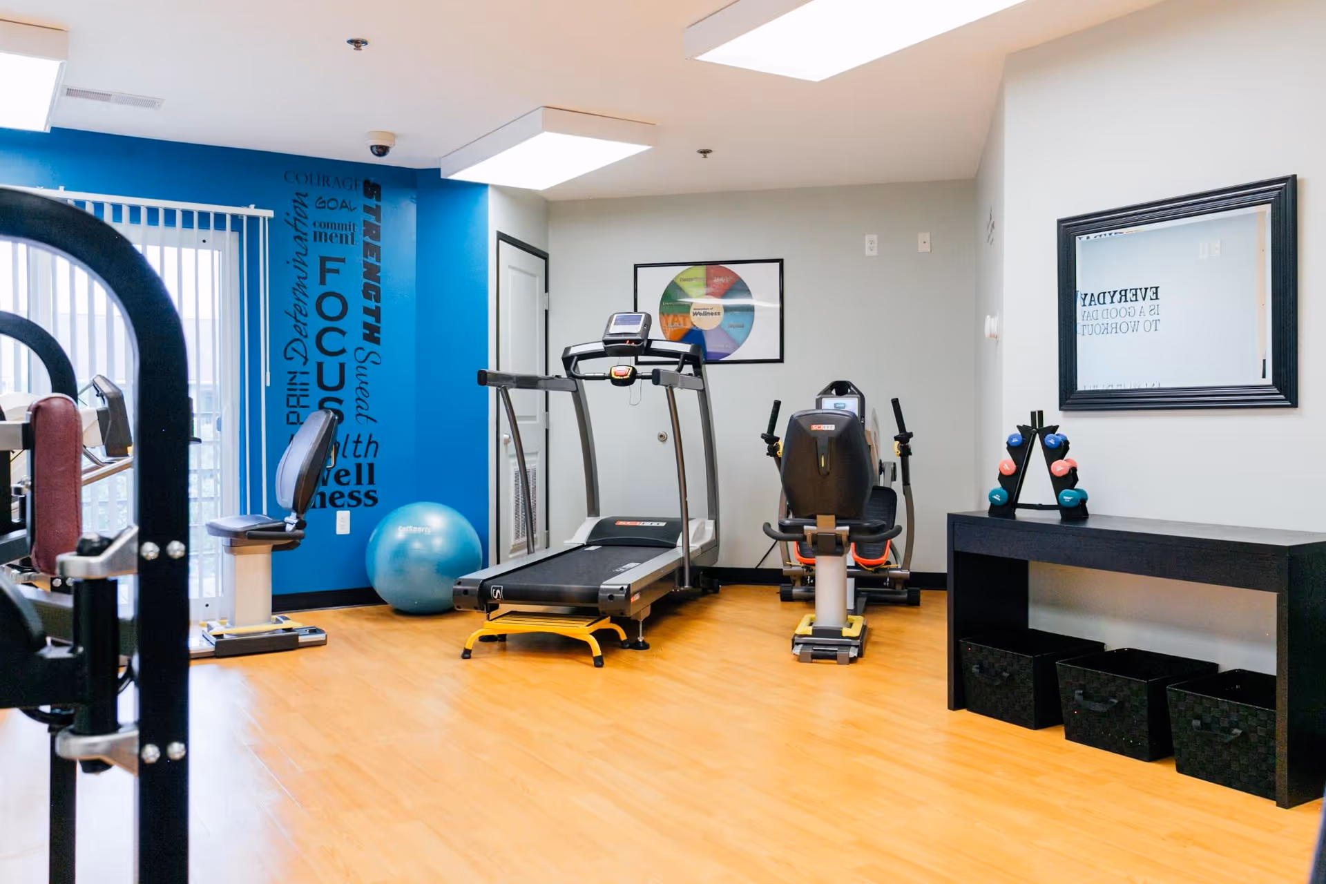 Small fitness room with a treadmill, recumbent bike, weight equipment, exercise ball and dumbbells against blue and gray walls.