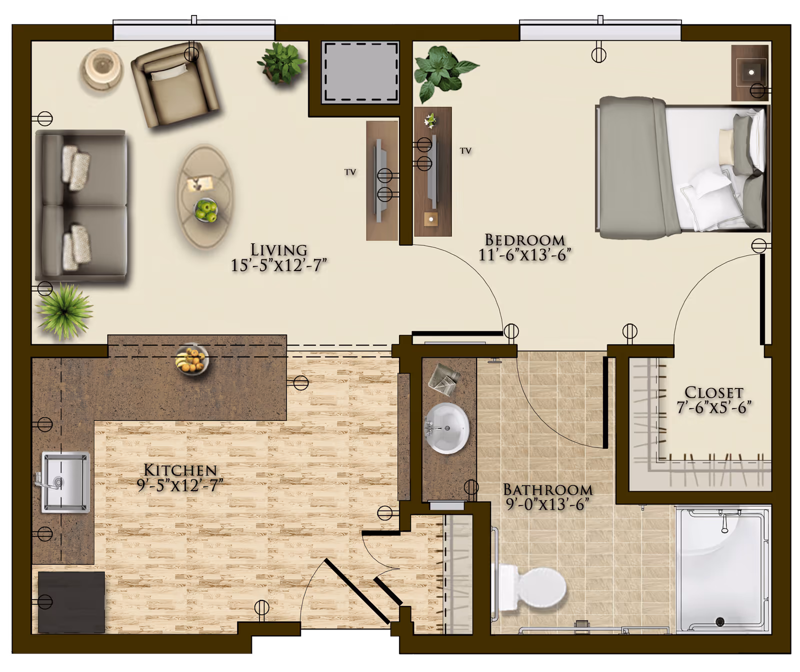 Floor plan of a one-bedroom apartment at Harmony At Mt. Juliet showing a living room with sofa and chair, a kitchen with sink and counter, a bedroom with a bed and TV, a bathroom with toilet, sink, and shower, and a closet.
