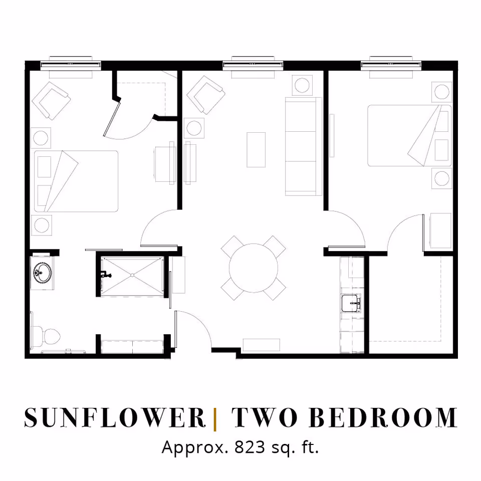 Black-and-white floor plan labeled 'Sunflower | Two Bedroom, Approx. 823 sq. ft.' showing two bedrooms, a central living/dining area, kitchen and bathroom.