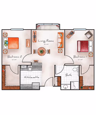 Colored floor plan of a two-bedroom apartment at Orchard Pointe at Arrowhead, showing Bedroom 1 with a bed and chair, Bedroom 2 with a bed and nightstands, a living room with sofa and chairs, a kitchenette with appliances, and a bathroom with a sink, toilet, and bathtub.