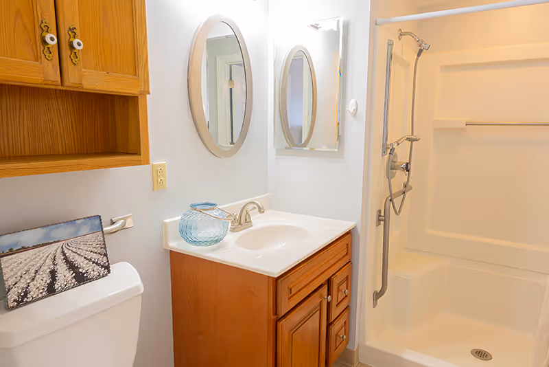 Small bathroom with a wooden vanity, oval mirrors, a toilet, and a walk-in shower.