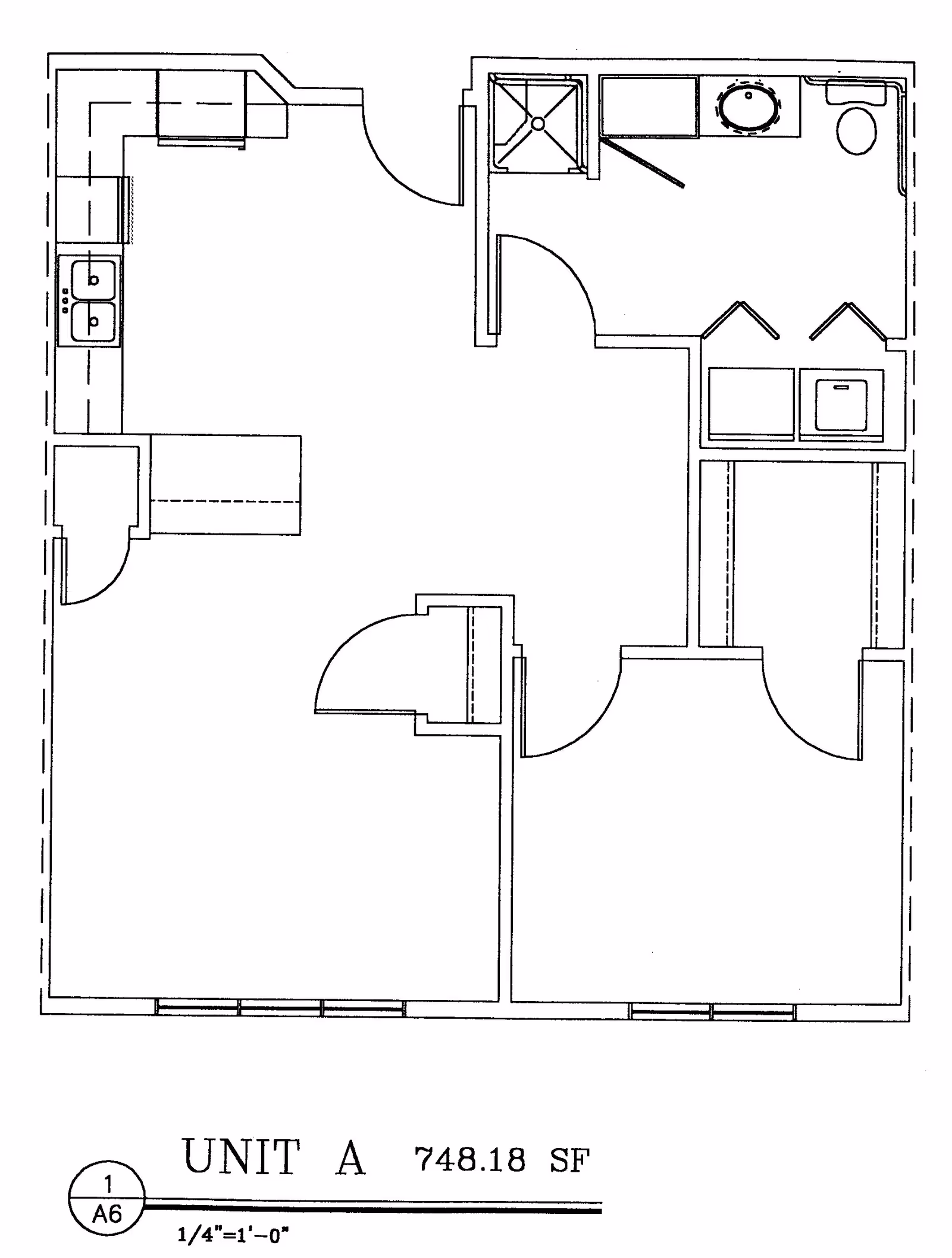 Architectural floor plan of Unit A at Ellen Kennedy Living Center, showing a layout with a kitchen, bathroom, bedroom, and living area, covering 748.18 square feet.