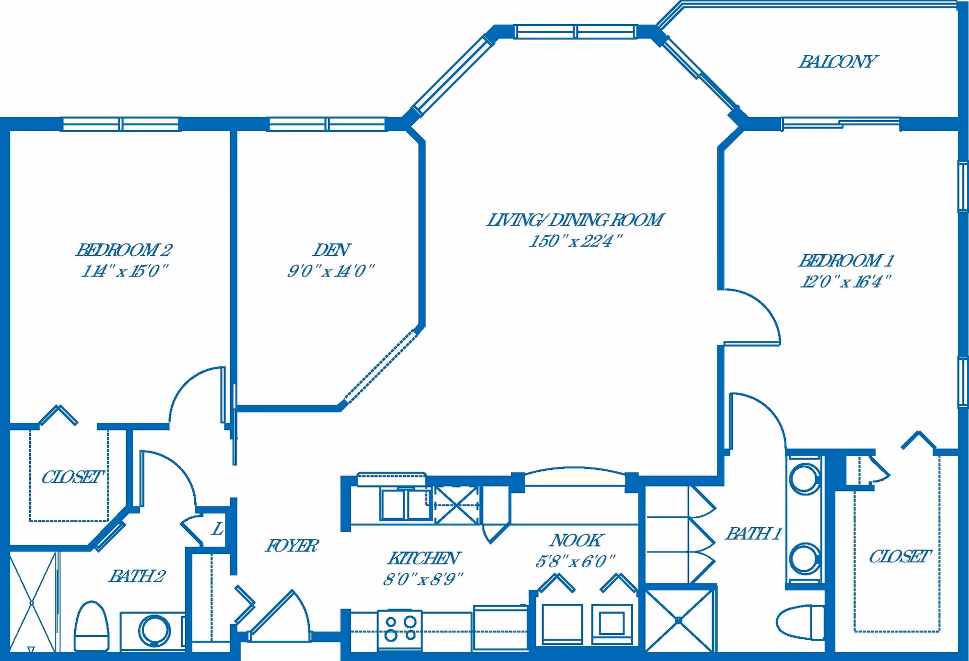 Architectural floor plan of a residential unit at Vi at Lakeside Village showing two bedrooms, two bathrooms, a den, kitchen, nook, foyer, living/dining room, closets, and a balcony.